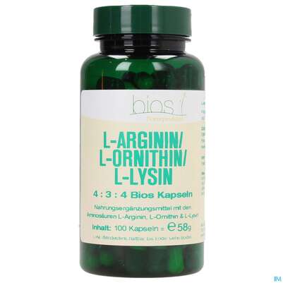 Bios l-arginin/l-ornithin/l-lysin 4:3:4 100 Kapseln, A-Nr.: 3891956 - 01