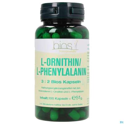 Sie sehen eine Packung Bios l-ornithin/l-phenylalanin 3:2 100 Kapseln, Produktbild: 01 Bios l-ornithin/l-phenylalanin 3:2 100 Kapseln, A-Nr.: 3892200 - 01