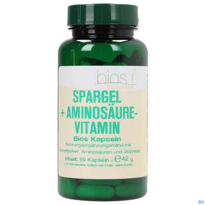 Sie sehen eine Packung Bios Spargel + Aminosäure-vitamin 99 Kapseln, Produktbild: 01 Bios Spargel + Aminosäure-vitamin 99 Kapseln, A-Nr.: 3893211 - 01