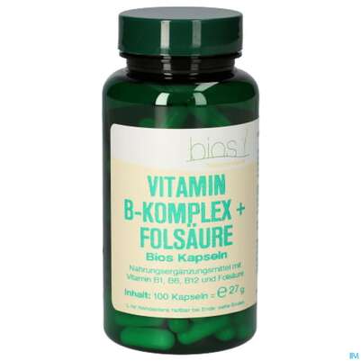 Sie sehen eine Packung Bios Vitamin B Komplex + Folsäure 100 Kapseln, Produktbild: 01 Bios Vitamin B Komplex + Folsäure 100 Kapseln, A-Nr.: 3893518 - 01