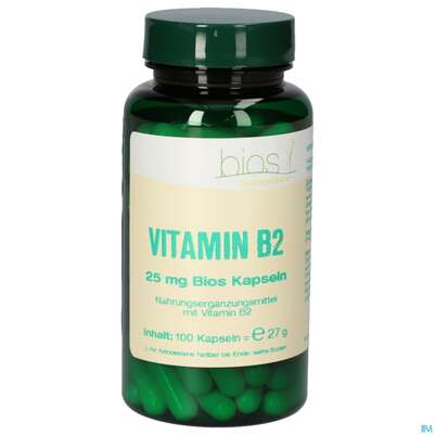 Sie sehen eine Packung Bios Vitamin B2 25mg 100 Kapseln, Produktbild: 01 Bios Vitamin B2 25mg 100 Kapseln, A-Nr.: 5302993 - 01