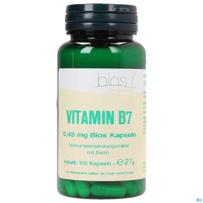 Sie sehen eine Packung Bios Vitamin B7 0,45mg 100 Kapseln, Produktbild: 01 Bios Vitamin B7 0,45mg 100 Kapseln, A-Nr.: 3999180 - 01