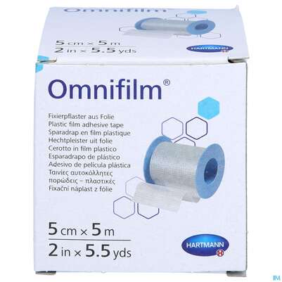 Sie sehen eine Packung Fixierpflaster Omnifilm 5mx 5cm 1st, Produktbild: 01 Fixierpflaster Omnifilm 5mx 5cm 1st, A-Nr.: 2020840 - 01
