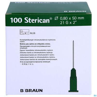 Sie sehen eine Packung Injektionsspritzen U.zubeh. Einmalkanuelen Braun Sterican Intramusk G21x2 0,80x50mm 46655 100st, Produktbild: 01 Injektionsspritzen U.zubeh. Einmalkanuelen Braun Sterican Intramusk G21x2 0,80x50mm 46655 100st, A-Nr.: 2963286 - 01