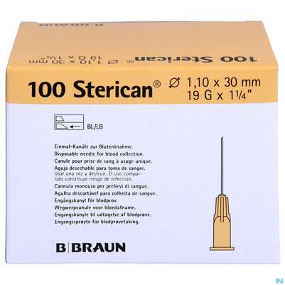 Sie sehen eine Packung Injektionsspritzen U.zubeh. Einmalkanuelen Braun/sterican/blutentn. G19x1 1/4 1,1x30mm 46653 100st, Produktbild: 01 Injektionsspritzen U.zubeh. Einmalkanuelen Braun/sterican/blutentn. G19x1 1/4 1,1x30mm 46653 100st, A-Nr.: 3731827 - 01