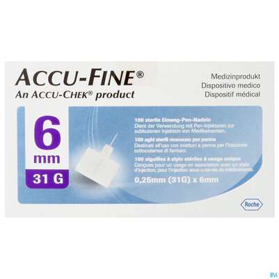 Sie sehen eine Packung Injektionsspritzen U.zubeh. Insulin Accu-fine Pen Nadeln 0,25mm(31g)/6mm 100st, Produktbild: 01 Injektionsspritzen U.zubeh. Insulin Accu-fine Pen Nadeln 0,25mm(31g)/6mm 100st, A-Nr.: 3676198 - 01
