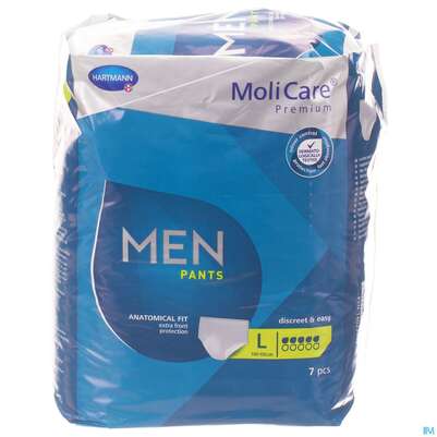 Sie sehen eine Packung Inkontinenz Molicare Premium/men/pants Tropfen 5 Large 7st, Produktbild: 01 Inkontinenz Molicare Premium/men/pants Tropfen 5 Large 7st, A-Nr.: 4918901 - 01