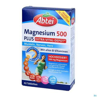 Sie sehen eine Packung Magnesium Tabl 500 Plus Abtei Titandioxidfrei 50000 42st, Produktbild: 02 Magnesium Tabl 500 Plus Abtei Titandioxidfrei 50000 42st, A-Nr.: 5720302 - 02