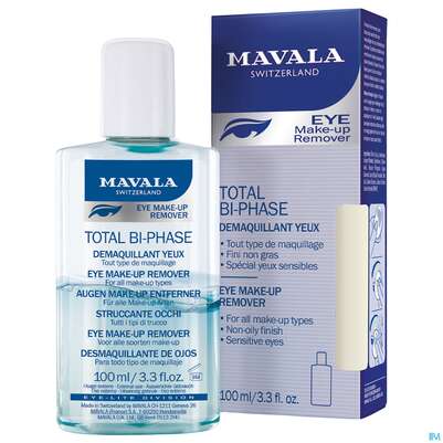 Sie sehen eine Packung Mavala Total Bi-phase-auge Augen Make Up Entferner Lotion 100ml, Produktbild: 02 Mavala Total Bi-phase-auge Augen Make Up Entferner Lotion 100ml, A-Nr.: 5576325 - 02