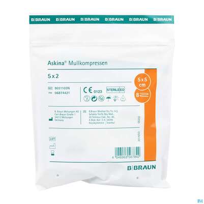 Sie sehen eine Packung Mullkompressen Askina 8fach Steril 5x 5cm 5x2 10st, Produktbild: 01 Mullkompressen Askina 8fach Steril 5x 5cm 5x2 10st, A-Nr.: 1778902 - 01