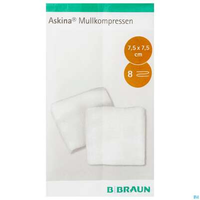 Sie sehen eine Packung Mullkompressen Askina 8fach/unsteril 7,5x 7,5cm 100st, Produktbild: 02 Mullkompressen Askina 8fach/unsteril 7,5x 7,5cm 100st, A-Nr.: 1779008 - 02