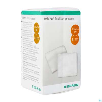 Sie sehen eine Packung Mullkompressen Askina 8fach/unsteril 7,5x 7,5cm 100st, Produktbild: 03 Mullkompressen Askina 8fach/unsteril 7,5x 7,5cm 100st, A-Nr.: 1779008 - 03