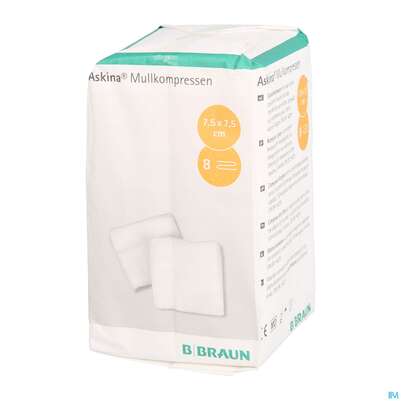 Sie sehen eine Packung Mullkompressen Askina 8fach/unsteril 7,5x 7,5cm 100st, Produktbild: 04 Mullkompressen Askina 8fach/unsteril 7,5x 7,5cm 100st, A-Nr.: 1779008 - 04
