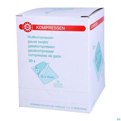 Sie sehen eine Packung Mullkompressen Noba/17faedig Steril 12fach 10x 10cm 5x20 100st, Produktbild: 02 Mullkompressen Noba/17faedig Steril 12fach 10x 10cm 5x20 100st, A-Nr.: 2336000 - 02