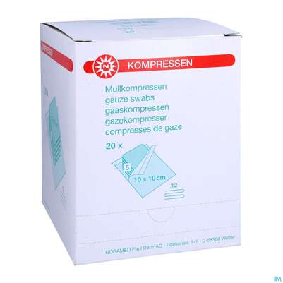 Sie sehen eine Packung Mullkompressen Noba/17faedig Steril 12fach 10x 10cm 5x20 100st, Produktbild: 03 Mullkompressen Noba/17faedig Steril 12fach 10x 10cm 5x20 100st, A-Nr.: 2336000 - 03
