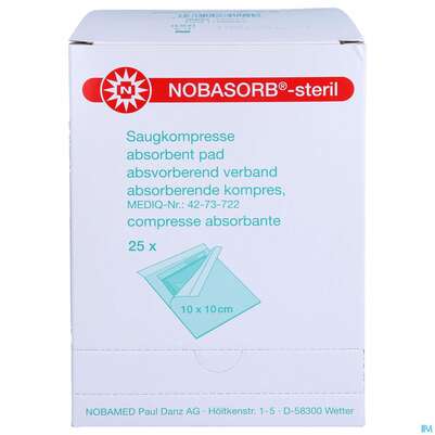 Sie sehen eine Packung Nobasorb Wundkompresse Steril 10x10cm 25st, Produktbild: 01 Nobasorb Wundkompresse Steril 10x10cm 25st, A-Nr.: 5478195 - 01