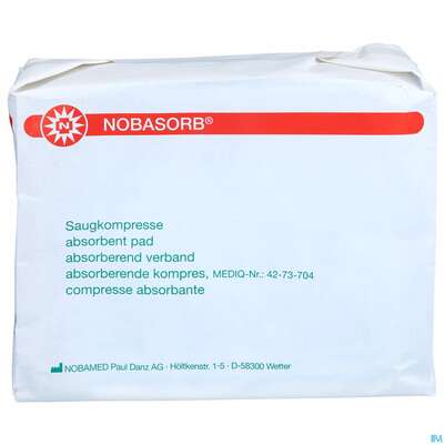 Sie sehen eine Packung Nobasorb Wundkompresse/unsteril 10x20cm 25st, Produktbild: 01 Nobasorb Wundkompresse/unsteril 10x20cm 25st, A-Nr.: 5478226 - 01
