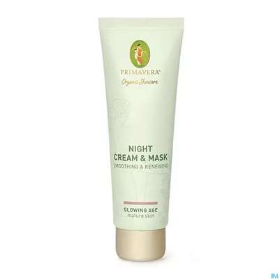 Sie sehen eine Packung Primavera Glowing Age Night Cream & Mask Smoothing & Renewing 50ml, Produktbild: 01 Primavera Glowing Age Night Cream & Mask Smoothing & Renewing 50ml, A-Nr.: 5660416 - 01