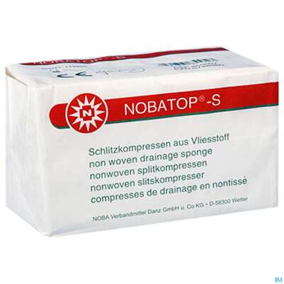 Sie sehen eine Packung Schlitzkompressen Nobatop S Steril 6fach, 5cm 2er-set 100st, Produktbild: 02 Schlitzkompressen Nobatop S Steril 6fach, 5cm 2er-set 100st, A-Nr.: 5478054 - 02