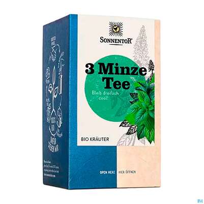 Sie sehen eine Packung Sonnentor Bio/3-minze-tee Doppelkammerbeutel 21,6g 02321 18st, Produktbild: 02 Sonnentor Bio/3-minze-tee Doppelkammerbeutel 21,6g 02321 18st, A-Nr.: 5804826 - 02