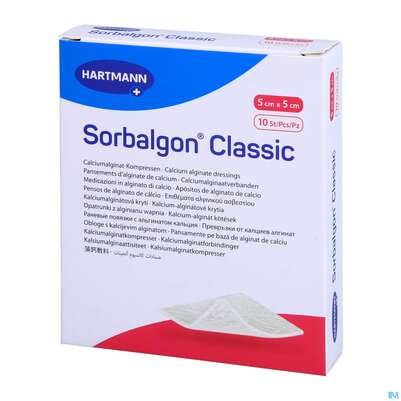 Sie sehen eine Packung Sorbalgon Classic Steril 5x 5cm 10st, Produktbild: 04 Sorbalgon Classic Steril 5x 5cm 10st, A-Nr.: 1118034 - 04