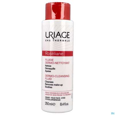Sie sehen eine Packung Uriage Roseliane Reinigendes Fluid Gegen Roetungen 250ml, Produktbild: 01 Uriage Roseliane Reinigendes Fluid Gegen Roetungen 250ml, A-Nr.: 5618673 - 01