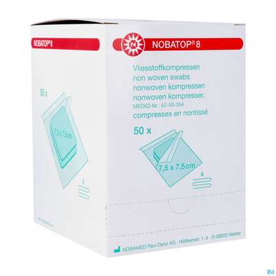 Sie sehen eine Packung Vlieskompressen Nobatop Steril 4fach 7,5x 7,5cm 50x2 100st, Produktbild: 02 Vlieskompressen Nobatop Steril 4fach 7,5x 7,5cm 50x2 100st, A-Nr.: 2336218 - 02