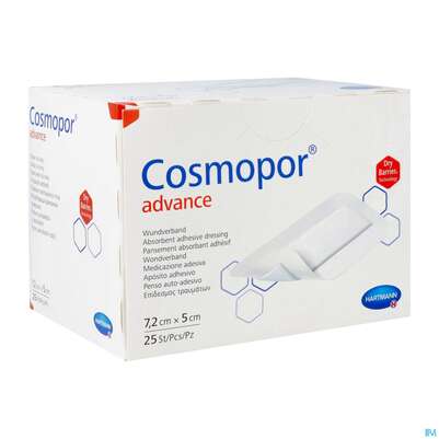 Sie sehen eine Packung Wundverband Cosmopor/advance 7,2x 5cm 25st, Produktbild: 03 Wundverband Cosmopor/advance 7,2x 5cm 25st, A-Nr.: 3796755 - 03