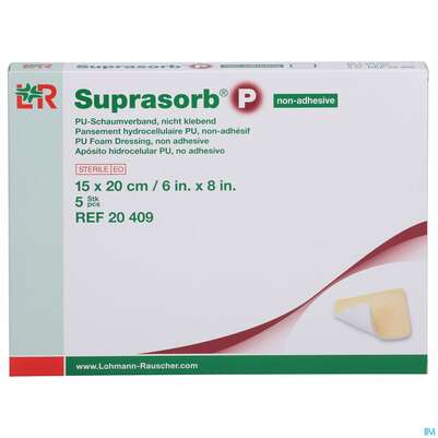 Sie sehen eine Packung Schaumverband Pu-suprasorb Steril P Nichtklebend 15x 20cm 5st, Produktbild: 01 Schaumverband Pu-suprasorb Steril P Nichtklebend 15x 20cm 5st, A-Nr.: 2575590 - 01