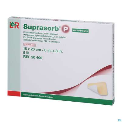 Sie sehen eine Packung Schaumverband Pu-suprasorb Steril P Nichtklebend 15x 20cm 5st, Produktbild: 02 Schaumverband Pu-suprasorb Steril P Nichtklebend 15x 20cm 5st, A-Nr.: 2575590 - 02