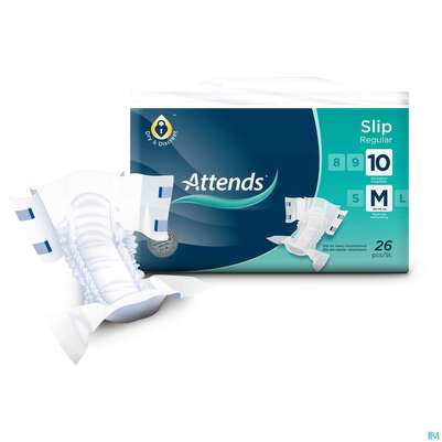 Sie sehen eine Packung Inkontinenz Attends Slip Regular M 10 26st, Produktbild: 01 Inkontinenz Attends Slip Regular M 10 26st, A-Nr.: 4257115 - 01