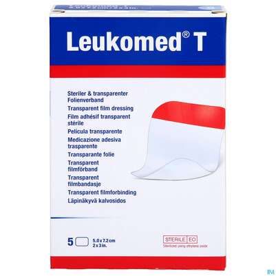 Sie sehen eine Packung Wundverband Leukomed/t Folienverband/o.auflage Steril 7,2x 5cm 5st, Produktbild: 01 Wundverband Leukomed/t Folienverband/o.auflage Steril 7,2x 5cm 5st, A-Nr.: 3091115 - 01