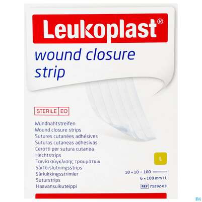 Sie sehen eine Packung Wundverband Wundnahtstreifen/steril Leukoplast/weiss Closure Strip 6x100mm 100st, Produktbild: 01 Wundverband Wundnahtstreifen/steril Leukoplast/weiss Closure Strip 6x100mm 100st, A-Nr.: 3258762 - 01