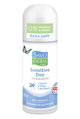Sie sehen eine Packung Savoderm med Sensitive Deo Roll-On 3-Fach Aktiv 50ml, Produktbild: 01 Savoderm med Sensitive Deo Roll-On 3-Fach Aktiv 50ml, A-Nr.: 4344475 - 01