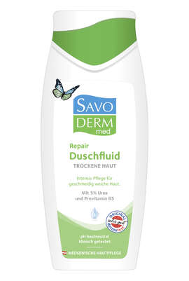 Sie sehen eine Packung SAVODERM MED Repair Duschfluid trockene Haut, Produktbild: 01 SAVODERM MED Repair Duschfluid trockene Haut, A-Nr.: 3885826 - 01