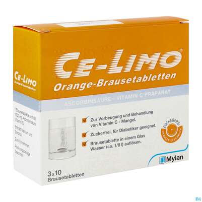 Sie sehen eine Packung Ce-limo Orange Brausetabl Bp3x1 30st, Produktbild: 02 Ce-limo Orange Brausetabl Bp3x1 30st, A-Nr.: 0064365 - 02