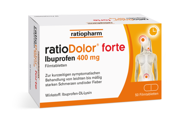 Sie sehen eine Packung ratioDolor® forte Ibuprofen 400 mg Filmtabletten, Produktbild: 01 ratioDolor® forte Ibuprofen 400 mg Filmtabletten, A-Nr.: 5536159 - 01