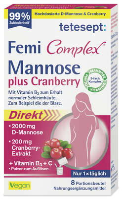 Sie sehen eine Packung Tetesept Femi Mannose + Cranberry 8 Btl, Produktbild: 01 Tetesept Femi Mannose + Cranberry 8 Btl, A-Nr.: 5830597 - 01