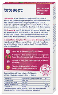 Sie sehen eine Packung Tetesept Femi Mannose + Cranberry 8 Btl, Produktbild: 04 Tetesept Femi Mannose + Cranberry 8 Btl, A-Nr.: 5830597 - 04