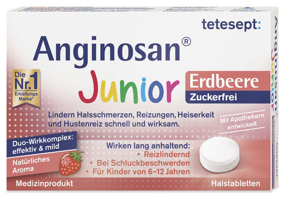 Sie sehen eine Packung Tetesept Anginosan® Junior Erdbeere zuckerfrei Tabletten 20 St., Produktbild: 01 Tetesept Anginosan® Junior Erdbeere zuckerfrei Tabletten 20 St., A-Nr.: 5388670 - 01