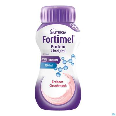 Sie sehen eine Packung Fortimel/protein 200ml 2kcal Erdbeere 24st, Produktbild: 01 Fortimel/protein 200ml 2kcal Erdbeere 24st, A-Nr.: 5833325 - 01
