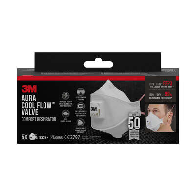3M™ Aura™ Comfort Cool Flow™ Partikelmaske 9332+, FFP3, mit Ventil, 5er-Packung, A-Nr.: 5920188 - 01