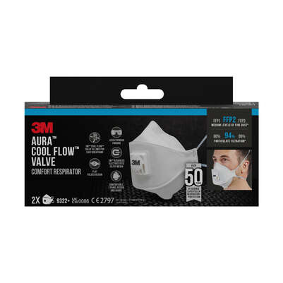 Sie sehen eine Packung 3M™ Aura™ Maske für Hand- und Maschinenschleifen 9322+, FFP2, mit Ventil, 2 pro Packung, Produktbild: 01 3M™ Aura™ Maske für Hand- und Maschinenschleifen 9322+, FFP2, mit Ventil, 2 pro Packung, A-Nr.: 5646882 - 01