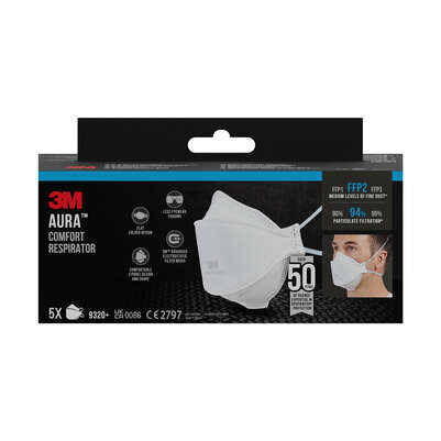 3M™ 9320D+ Aura™ Einweg-Partikel-Atemschutzmaske, FFP2, ohne Ventil, 5/Packung, A-Nr.: 5628861 - 01