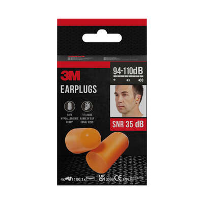 Sie sehen eine Packung 3M™ Gehörschutzstöpsel 1100, Weichschaum, SNR-Wert 35 dB, Orange, 4 Paar, Produktbild: 01 3M™ Gehörschutzstöpsel 1100, Weichschaum, SNR-Wert 35 dB, Orange, 4 Paar, A-Nr.: 5920194 - 01