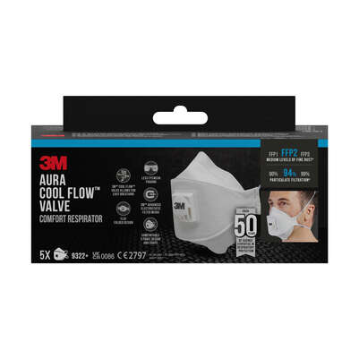 3M™ Aura™ Comfort Cool Flow™ Partikelmaske 9322+, FFP2, mit Ventil, 5er-Packung, A-Nr.: 5920171 - 01