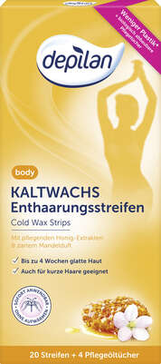 Sie sehen eine Packung Depilan Kaltwachsstreifen Body 20Stk, Produktbild: 01 Depilan Kaltwachsstreifen Body 20Stk, A-Nr.: 4094110 - 01