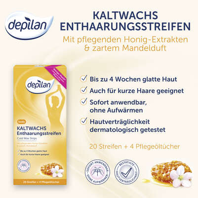 Sie sehen eine Packung Depilan Kaltwachsstreifen Body 20Stk, Produktbild: 07 Depilan Kaltwachsstreifen Body 20Stk, A-Nr.: 4094110 - 07