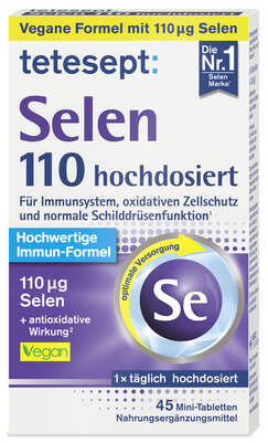 Sie sehen eine Packung tetesept Selen 110µg 45 St., Produktbild: 01 tetesept Selen 110µg 45 St., A-Nr.: 5838564 - 01
