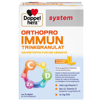 Sie sehen eine Packung Doppelherz system Orthopro Immun Trinkgranulat, Produktbild: 01 Doppelherz system Orthopro Immun Trinkgranulat, A-Nr.: 5402588 - 01